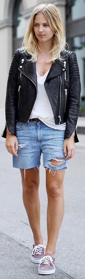 Veste en cuir Denim Short Outfit