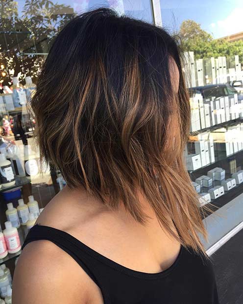 Angled Brunette Bob Haircut with Caramel Highlights