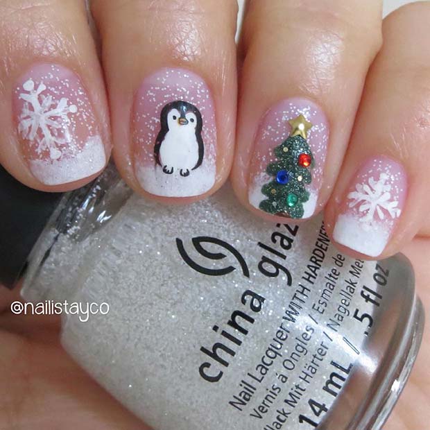 Nail Art Pingouin et Flocon de Neige