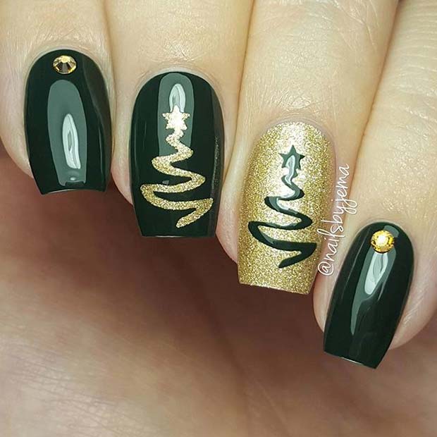 Ongles de Noël créatifs verts et or