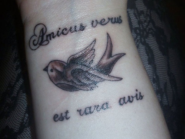 Moineau avec tatouage de texte latin