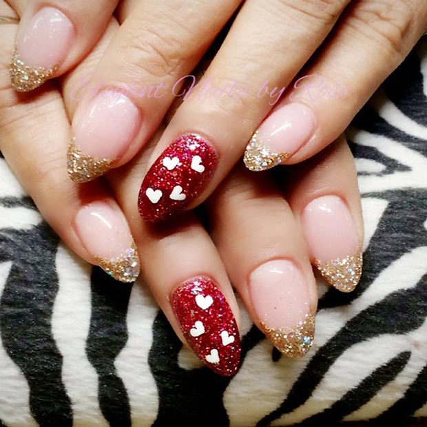 Conception d'ongles à paillettes rouges et dorées pour la Saint-Valentin