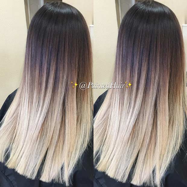 Balayage ombré blond sur cheveux bruns foncés