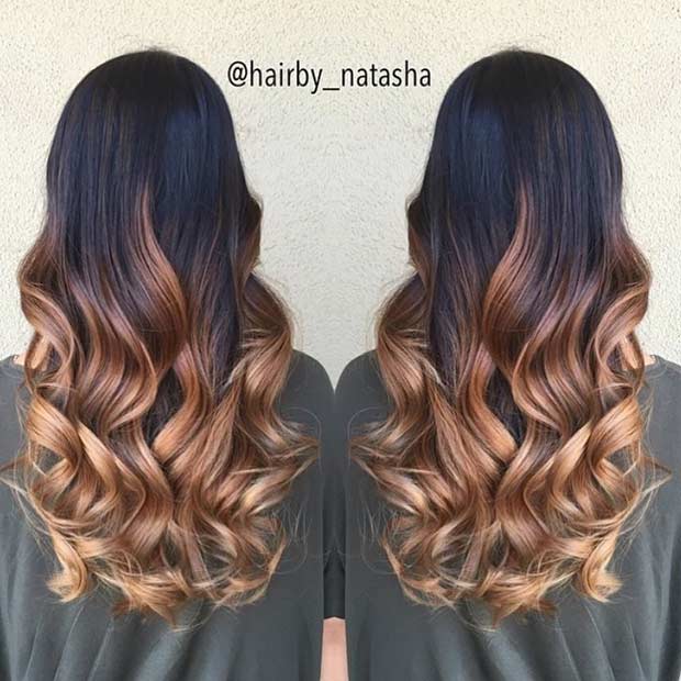 Caramel Balayage Ombre sur cheveux bruns foncés