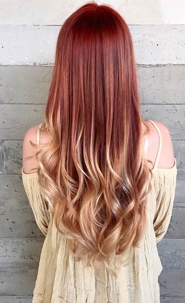 Cheveux ombrés rouge cuivré à blond