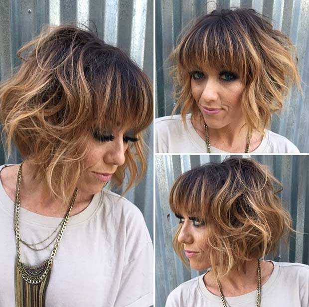 Short Bob with Bangs and Caramel Balayage Highlights