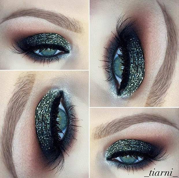 Dark Green Glitter Eye Makeup Look