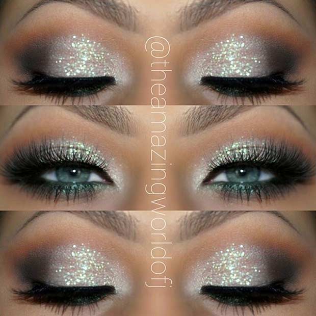 Silver Glitter Eye Makeup Look for Blue Eyes