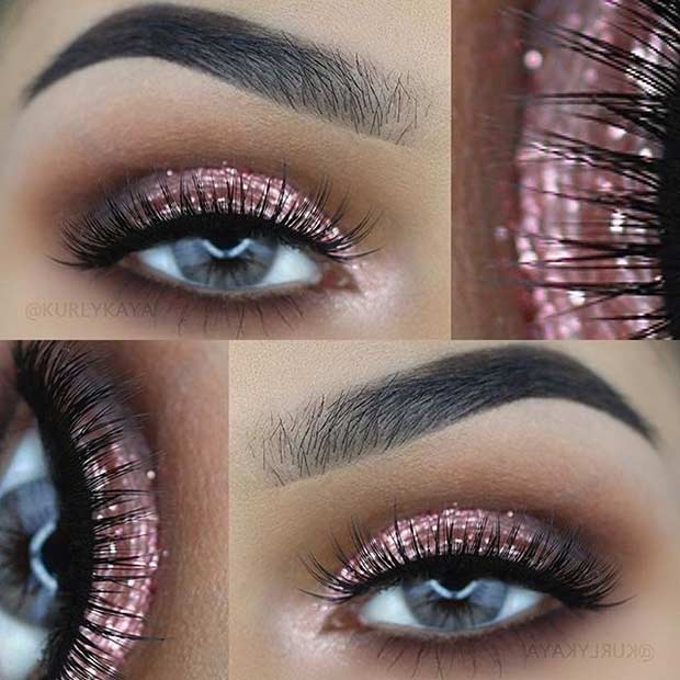 Maquillage pour les yeux à paillettes d'or rose