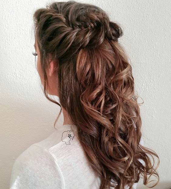 Curly Fishtail Braid Half Updo for Long Hair