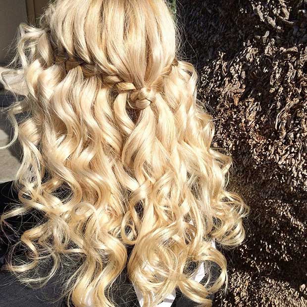 Curly Waterfall Braid Half Updo for Bridesmaids