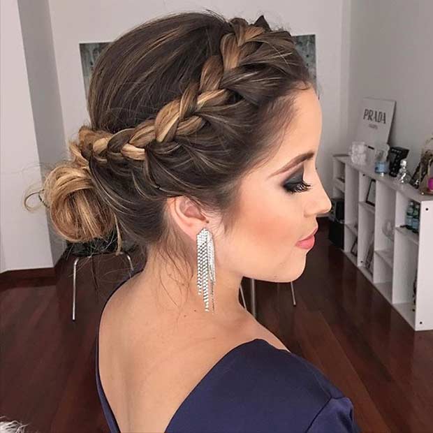 Side Braid in Low Bun Prom Updo