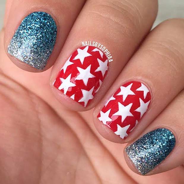 Red and White Star Nail Art Design