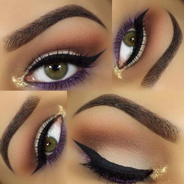 Maquillage pour les yeux or et violet Look pour les yeux verts