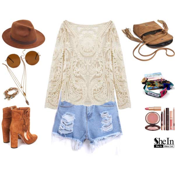 Lace White Top Denim Shorts Coachella Outfit