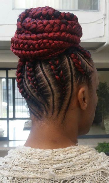 Burgundy Cornrow Braided Bun