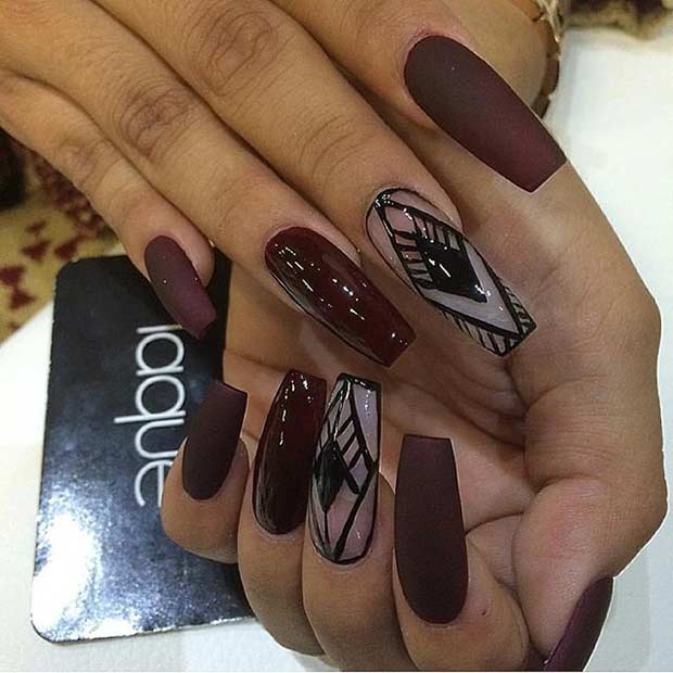 Long Burgundy Matte Coffin Nails