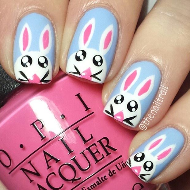 Λευκό και μπλε Πασχαλινό λαγουδάκι Nail Art