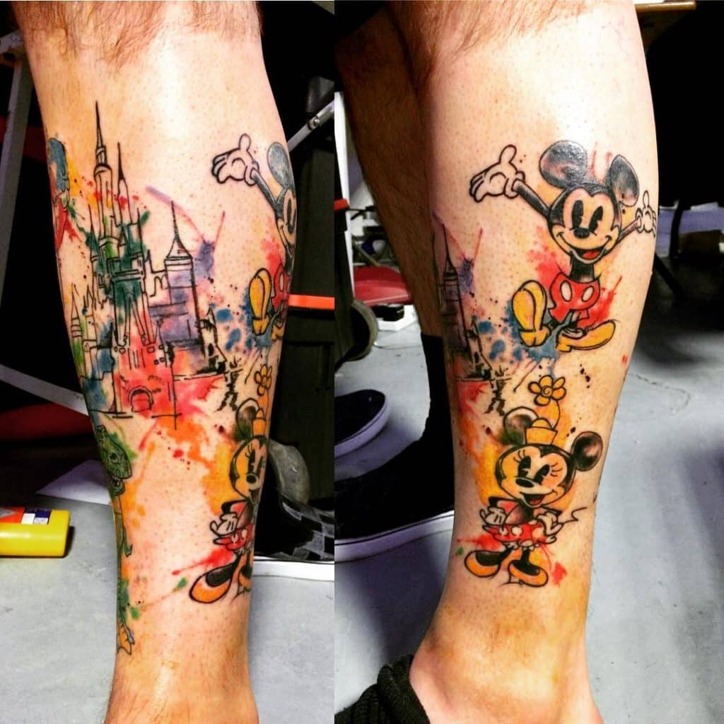 Aquarelle Château Disney et Tatouages ​​Mickey et Mini Mouse