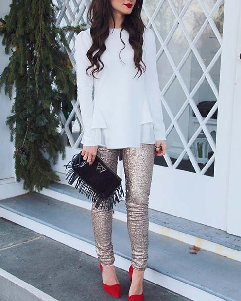 Chic NYE Outfit με έντονα κόκκινα παπούτσια