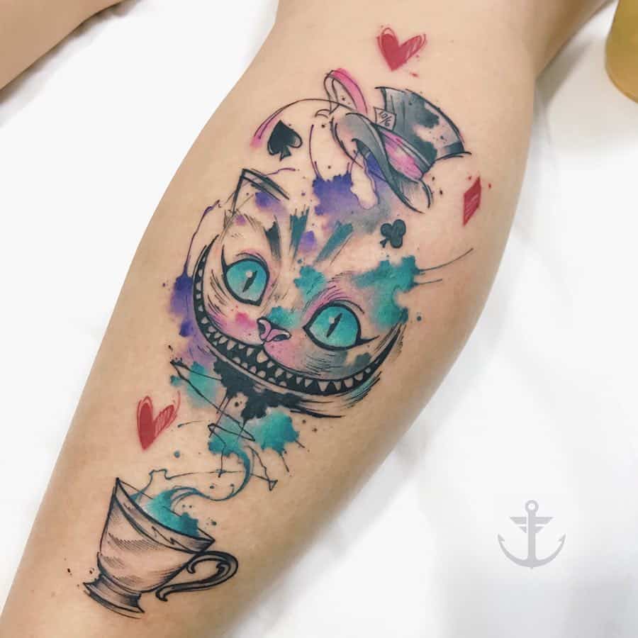 Aquarelle Cheshire Cat Alice au pays des merveilles tatouages