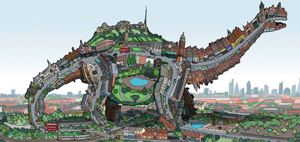Transformez une ville en une illustration de dinosaure