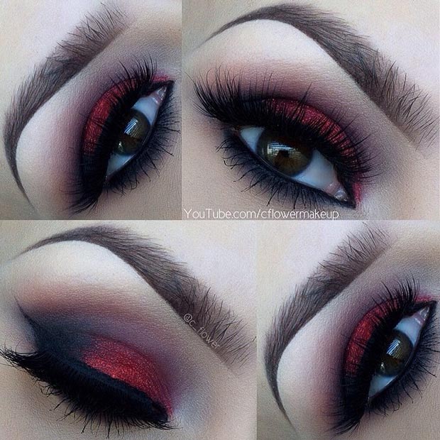 Maquillage pailleté rouge pour les yeux marrons