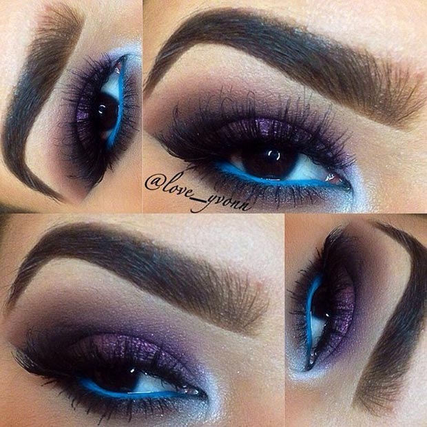 Purple Eye Makeup Blue Waterline Look