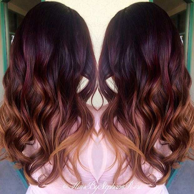 Cheveux ombrés rouge foncé à caramel