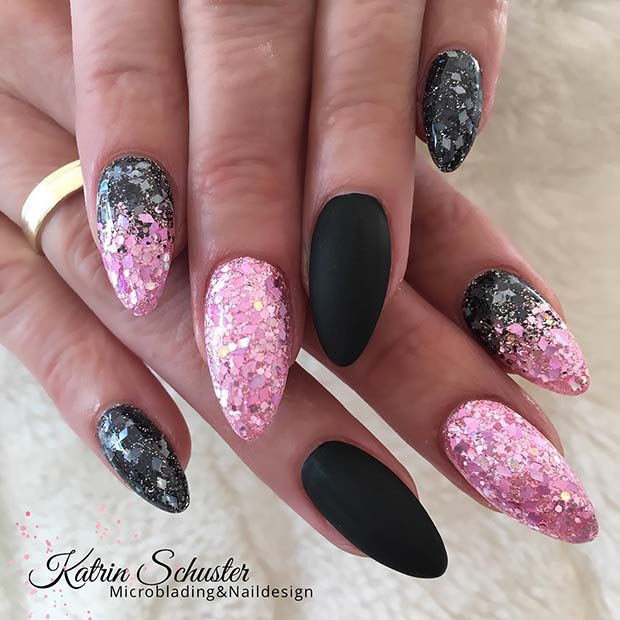 Ongles pailletés, ombrés et noirs mats