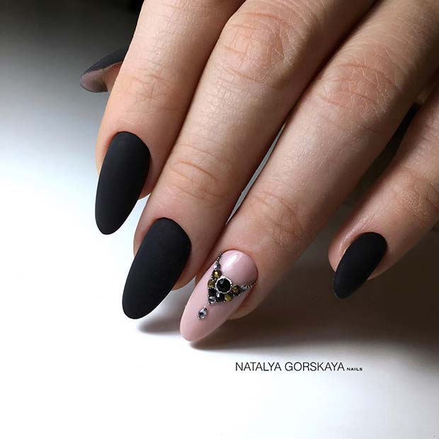 Black Matte Nails with Sparkly Nude Accent Nail