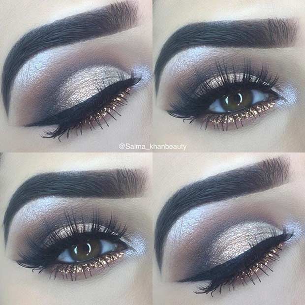 Pretty Gold Glitter Lower Lash Line Look for Brown Eyes