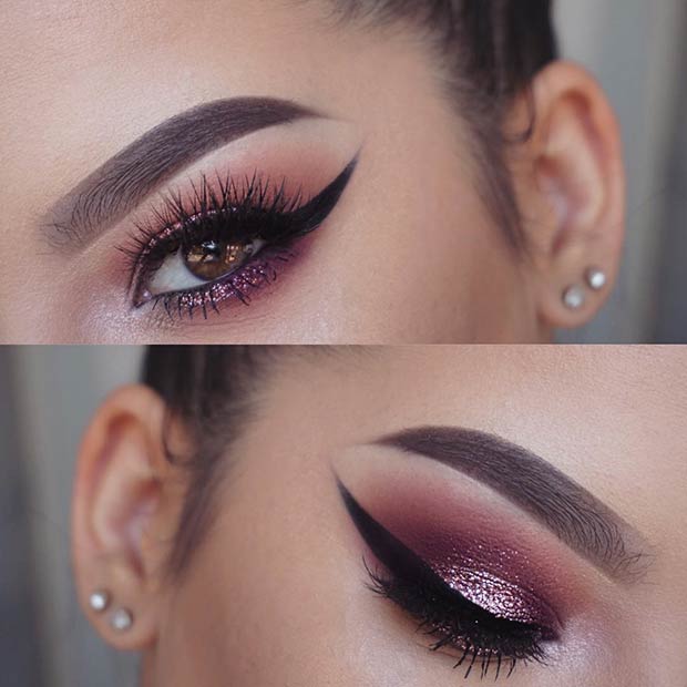 Smokey Eye violet bordeaux avec une touche de paillettes