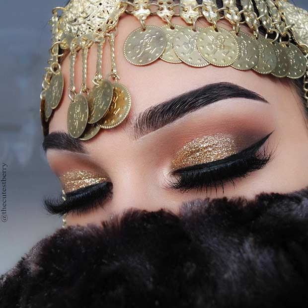 Gold Glitter και Orange Smokey Eye Idea για καστανά μάτια