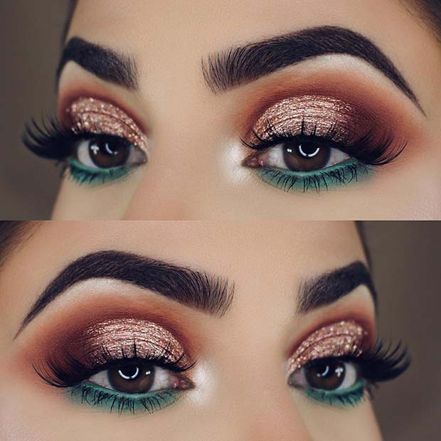 Idée de maquillage pour les yeux verts et paillettes d'or rose