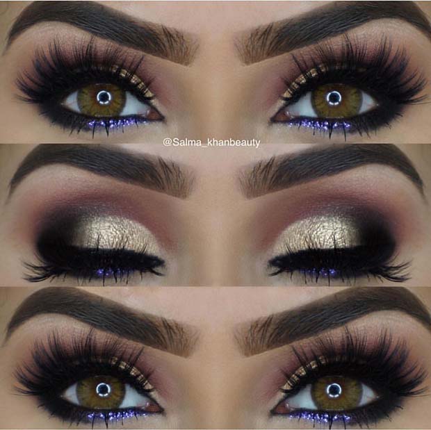 Maquillage des yeux or et violet