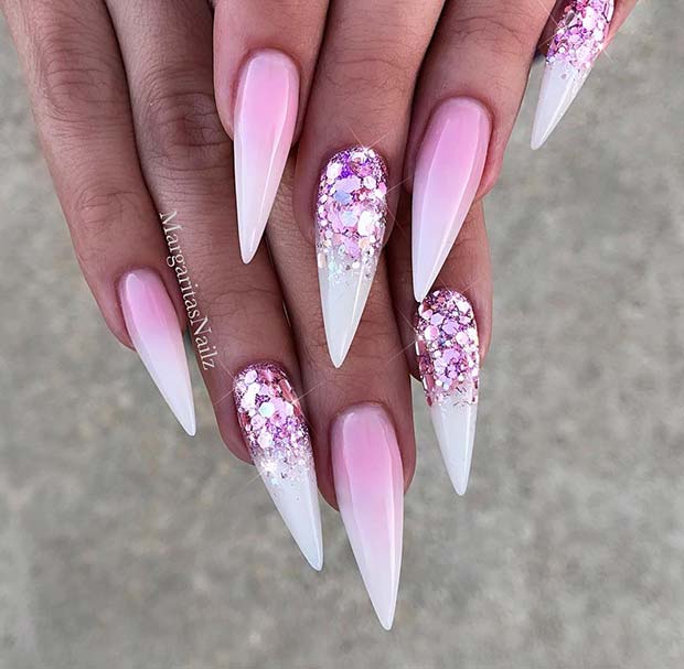 French Ombre Stiletto Nails with Sparkle