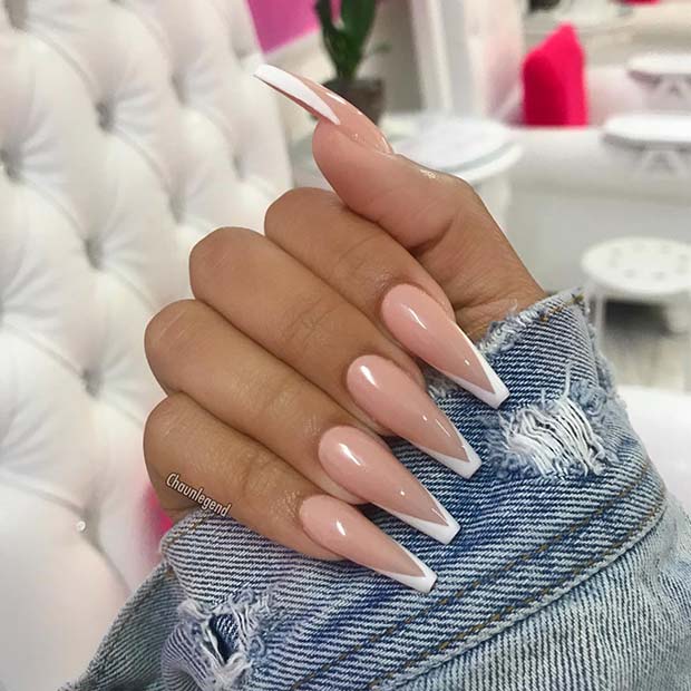 Nude Coffin Nails with White Tips