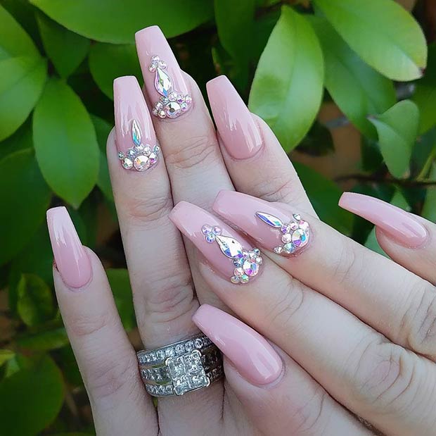 Nude Coffin Nails with Pretty Rhinestones