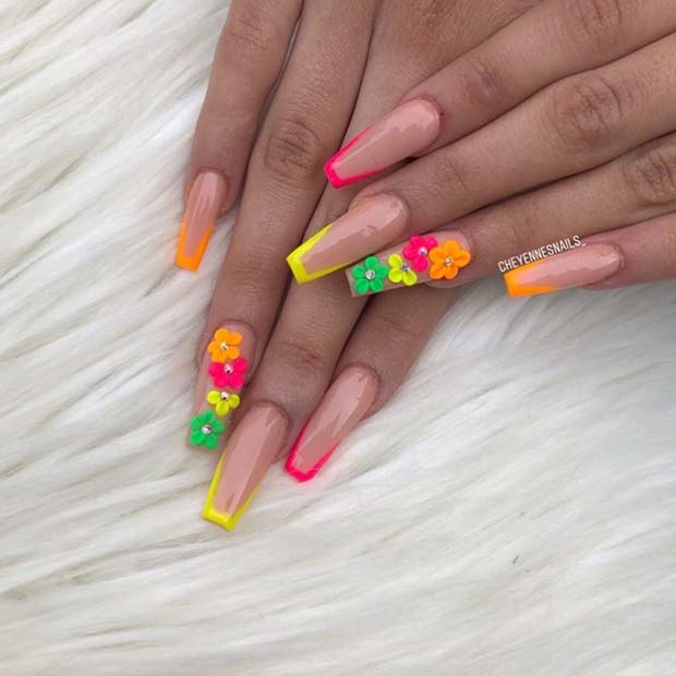 Nude Coffin Nails with Colorful Tips