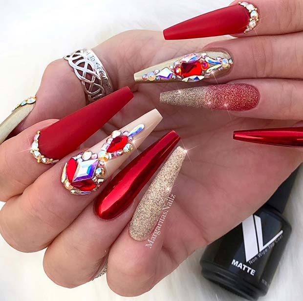 Καρφιά Glitzy Red Long Coffin Nails