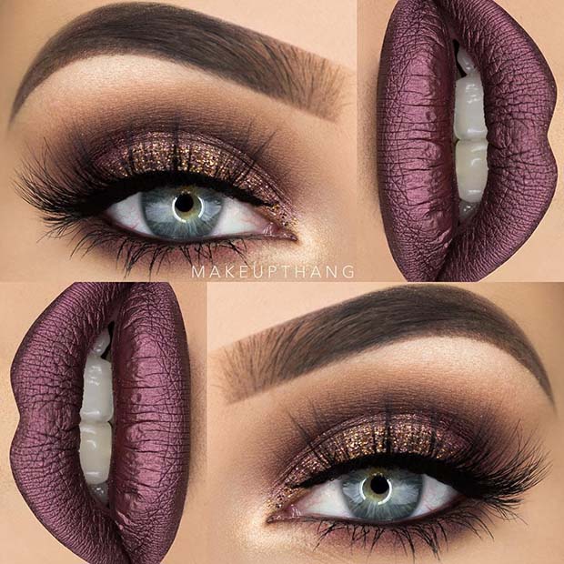 Brown Smokey Eye et lèvres métalliques violettes