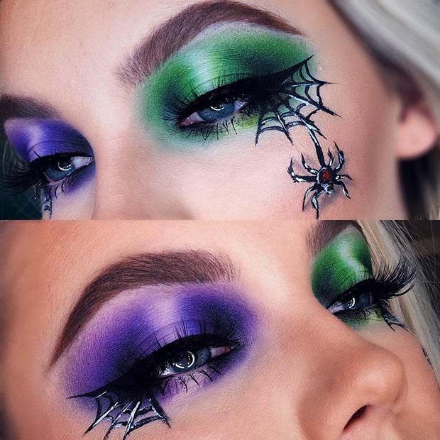 Πορφυρό και πράσινο μακιγιάζ ματιών με αράχνες και ιστούς