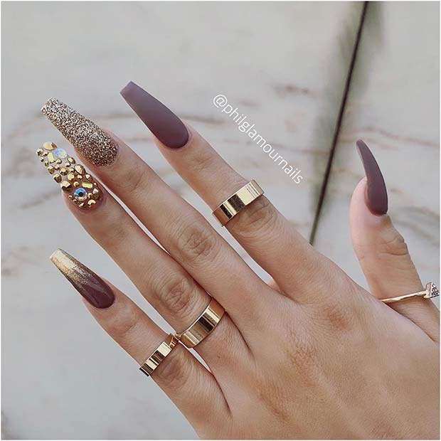 Glam Matte Nails with Glitter and Gems
