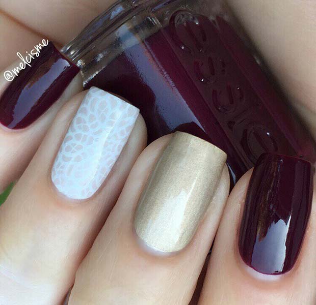 Ongles d'automne bordeaux et dorés