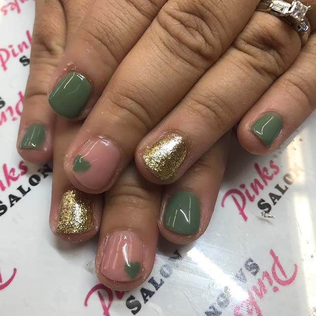 Green and Gold Glitter Nails for Fall Nail Design Ideas
