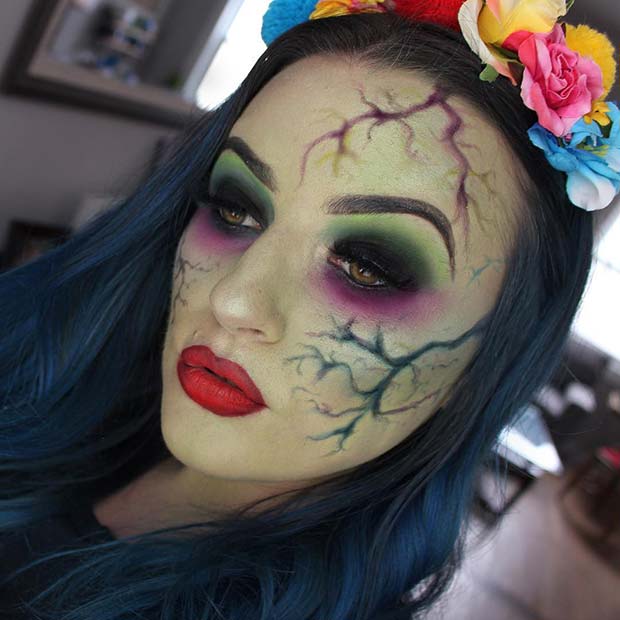 Maquillage Halloween unique avec couronne de fleurs