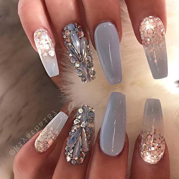 Κομψά Crystal και Glitter Grey Coffin Nails