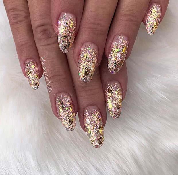 Glam, Ongles en Gel Paillettes Dorées