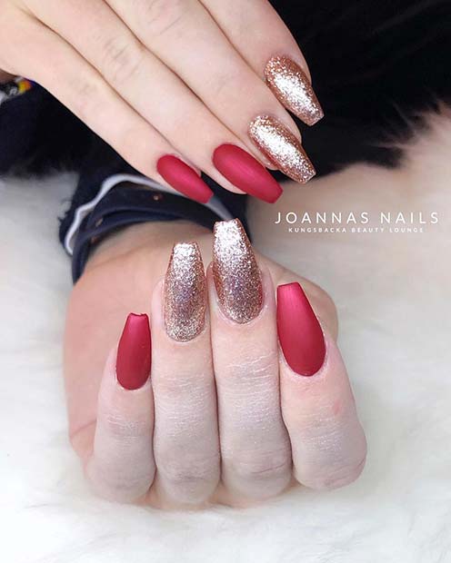 Red Matte and Gold Glitter Nails